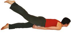 Halbe Heuschrecke: Arme unter den Körper geben. Hände feste auf den Boden. Ein Bein heben. 10-30 Sekunden halten. Stärkt Rücken- und Gesäßmuskeln.