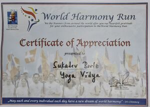 World Harmony Run Certificate of Appreciation: Ca. 2018 erhielt Sukadev das "World Harmony Run Certificate of Appreciation" von der "World Harmony Run Foundation".