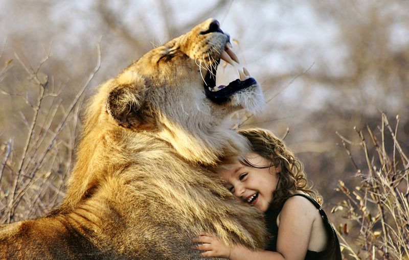 Datei:Mutig Löwe Mädchen schmusen lachen Freundschaft.jpg