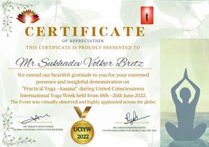 Certificate of Appreciation für Mitwirkung bei der International Yoga Week 18.-26.6.2022
