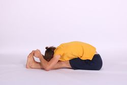 Paschimottanasana, die Vorwärtsbeuge, eine Yoga Position für Dehnung der Beine und Flexibilität der Rückenmuskeln