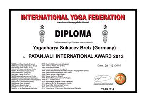 Patanjali Award 2013: 2013 erhielt Sukadev von der "International Yoga Federation" den "Patanjali International 2013 Award"