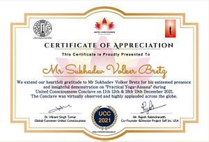 Certificate of Appreciation: Am 28.12.21 vergab Prof. Dr. Vikrant Singh Tomar und Mr. Rahesh Rabindranatth an Sukadev ein "Certificate of Appreciation"