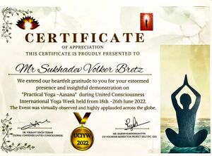 Certificate of Appreciation der Project Self Inc., USA und United Consciousness, India, überreicht von Dr. Vikrant Tomar im November 2022