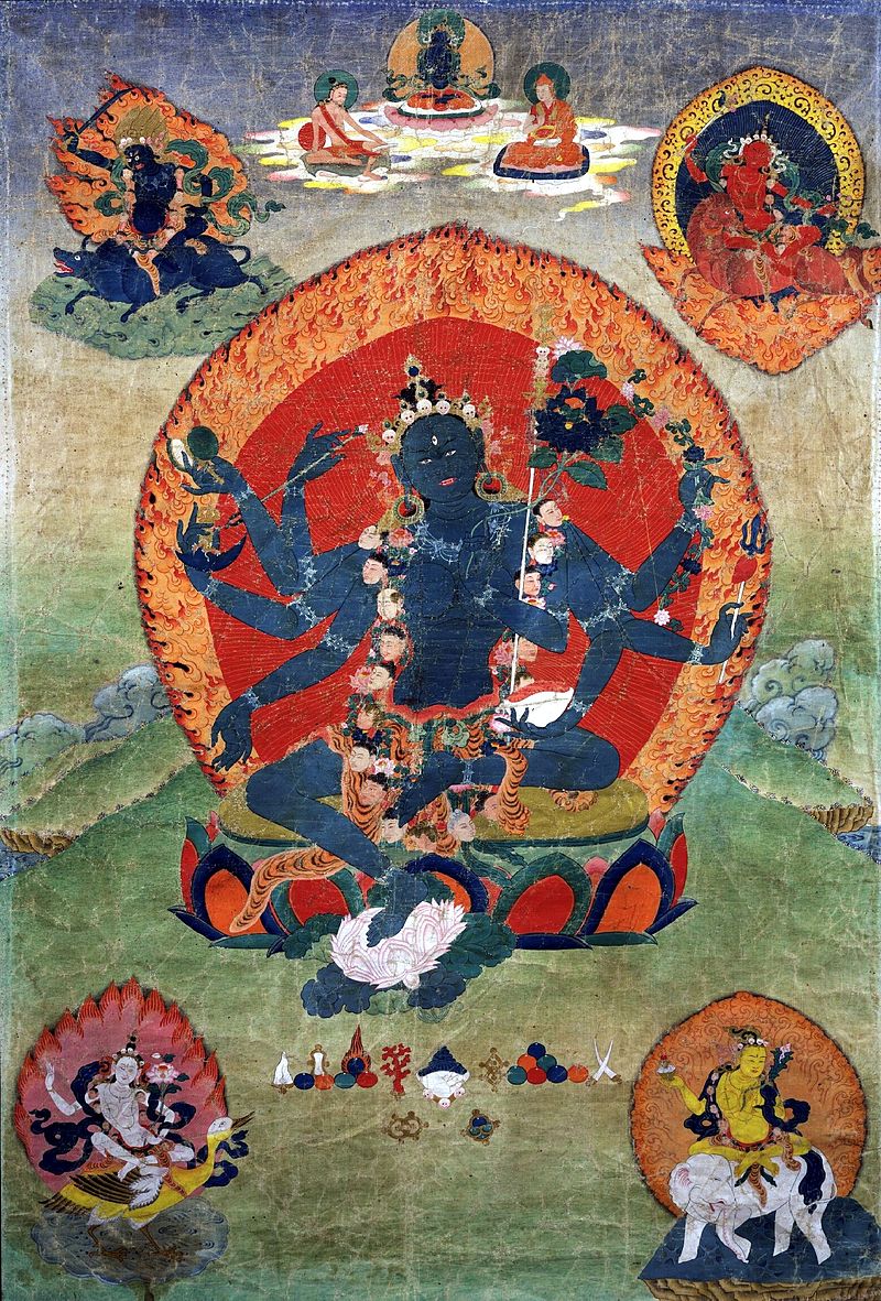 Eine osttibetische Thanka (Rollbild) mit der Grünen Tara (Samaya Tara Yogini) im Zentrum und der Blauen, Roten, Weißen und Gelben Tara an den Seiten. Rubin Museum of Art