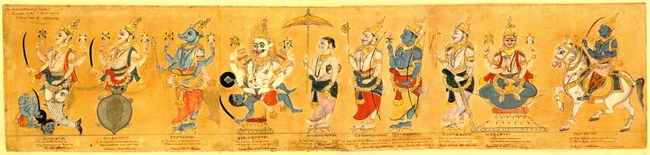 Die zehn Avatare von Vishnu auf einem indischen Gemälde des 19. Jahrhunderts.