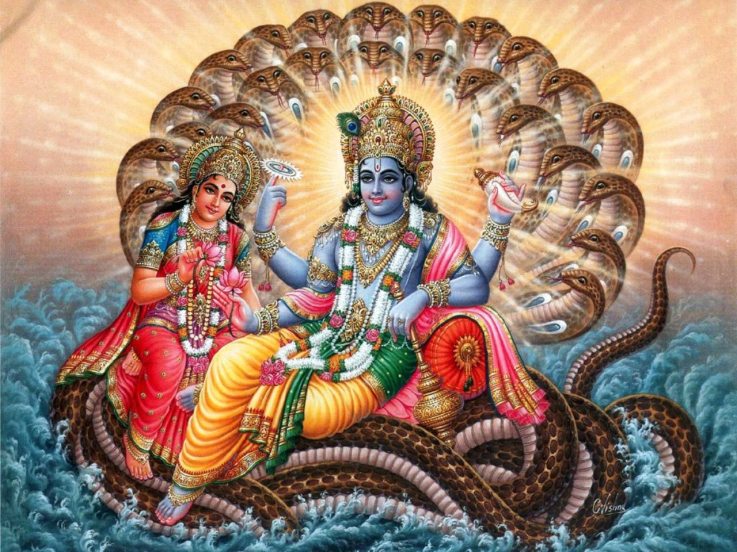 Vishnu ruht auf der Weltenschlange Ananta zusammen mit Lakshmi