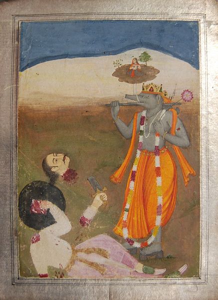Datei:437px-The boar avatar Varaha, the third incarnation of Viṣṇu, stands in front of the decapitated body of the demon Hiranyaksha.jpg