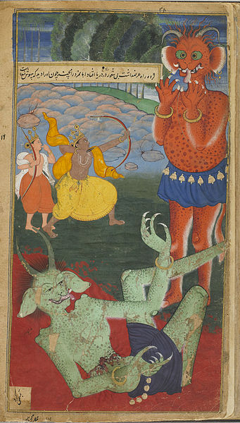 Datei:Rama und Laksmana stellen sich den Dämonen Maricha und Subahu.jpg