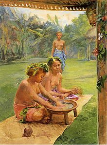 Datei:220px-John LaFarge - Young Girls Preparing Kava Outside of the Hut Whose Posts Are Decorated wih Flowers.jpg