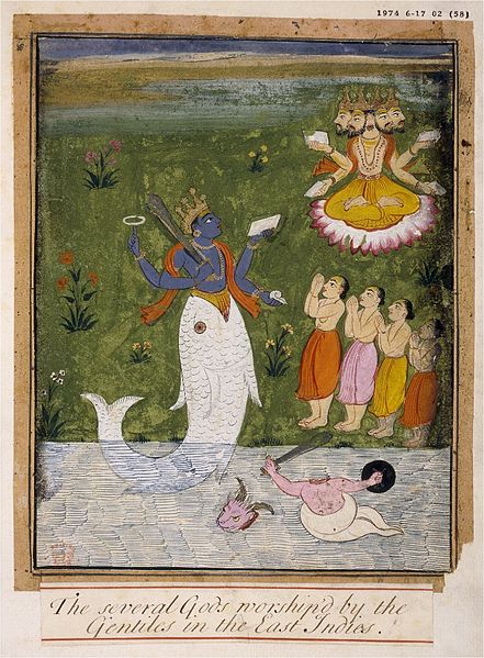 Vishnu als Matsya die Veden tzu Brahman zurückbringend.jpg