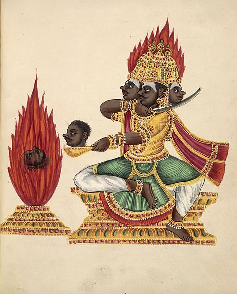 Datei:484px-Ravana Brahma Agni Feuer The three-headed rakshasa Trishiras sits in lalitasana on a throne facing a fire altar in which a severed head is burning.jpg