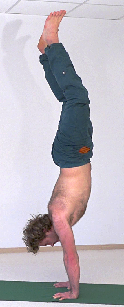 Mandukasana in Adho Mukha Vrikshasana, Handstand mit den Füßen in der Froschhaltung