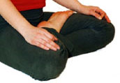 Chinmudra 1: Hände auf die Knie. Daumen und Zeigefinger berühren sich. Handflächen nach unten.