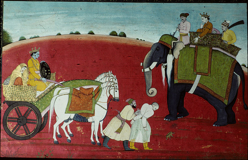 Datei:Krishna releases the defeated Rukmi, Guler style, 1770, Chamba Museum, Himachal Pradesh, India.jpeg