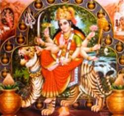 Durga reitet auf einem Tiger und beschützt ihre Kinder