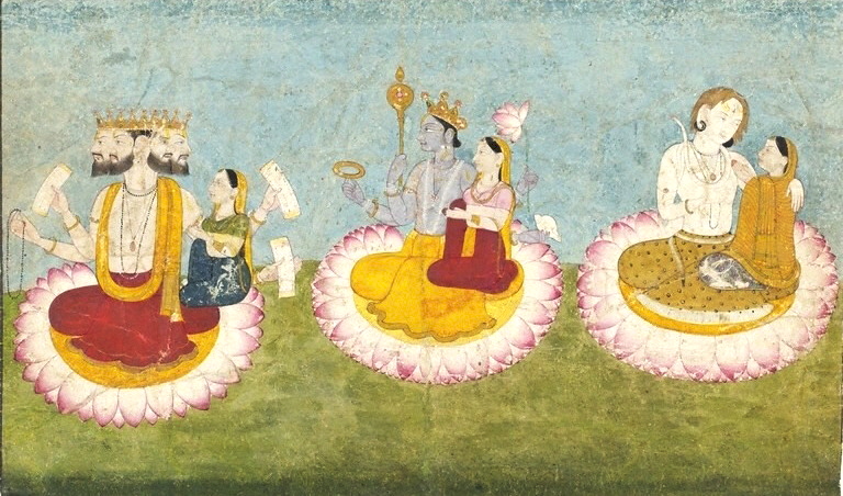Datei:Brahma, Vishnu and Shiva seated on lotuses with their consorts, ca1770.jpg