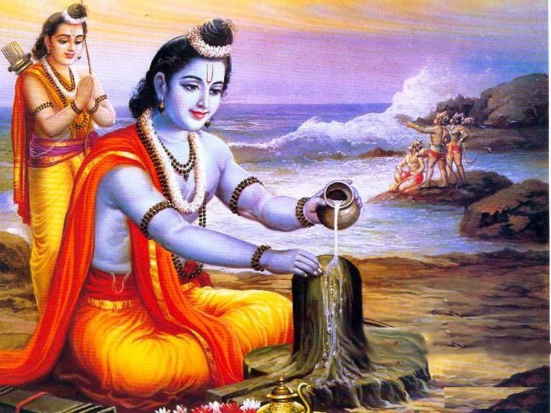 Datei:Rama macht Puja für Shiva - mit einem Shiva Lingam - im Hintergrund Lakshmana.jpg