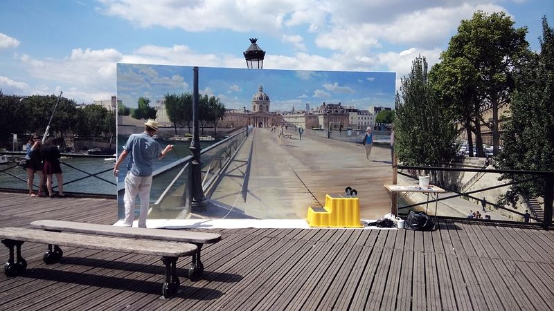 Datei:Meditieren Konzentration Malen Paris Brücke Maler.jpg