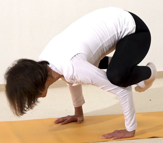 Datei:Kraehe Yoga Position mit Knieinnenseiten auf den Oberarmen.jpg