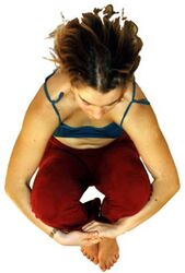 5. Abduktoren-Übung: Die Arme um die Knie geben, die Hände falten oder die Finger verhaken. Mit den Knien kräftig nach außen gegen die Unterarme drücken. Stärkt die seitlichen Beinmuskeln (Adduktoren, Gluteus). Weitere Kraftübungen sind denkbar, aber nicht wirklich nötig, da Du jetzt schon alle Muskeln des Körpers gestärkt hast.