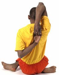 (13) Gomukhasana, das Kuh-Maul. Ein Fuß neben das Gesäß setzen, das andere Bein über den Oberschenkel kreuzen. Die Finger hinter dem Rücken verhaken. Weniger Flexible fassen mit den Händen an ein Handtuch, Gürtel oder Gurt.