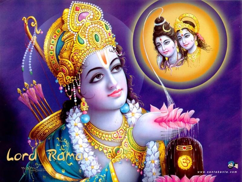 Datei:Rama verehrt den Shiva Lingam und wird von Shiva und Parvati gesegnet.jpg
