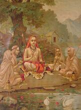 Adi Shankara im Kreis seiner Schüler; künstlerische Darstellung.