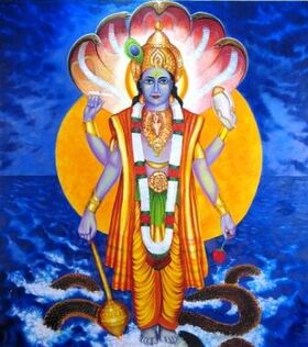 Vierarmiger Vishnu mit Krone vor der vielköpfigen Schlange Shesha