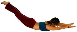 (3) Arme und Beine ausstrecken, Arme, Beine und Kopf heben. 8-12 Atemzüge lang halten. Dann zurück zur Bauchentspannungslage.  