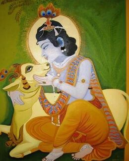 Krishna in gelbem Gewand bei einem Kalb