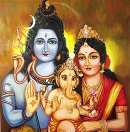 Farbige Darstellung von Shiva, Parvati und Ganesha