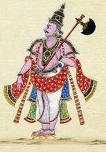 Parashurama in einer traditionellen künstlerischen Darstellung mit der Axt als Attribut.